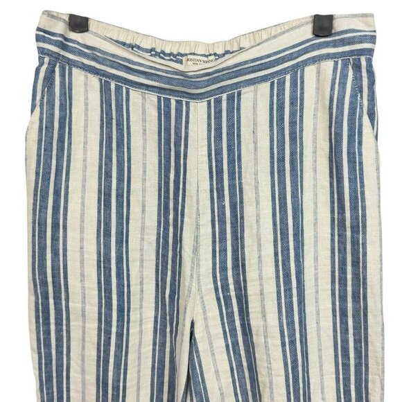 Christian Siriano Pants Womens Medium Blue Striped Wide Leg Pull On Linen Cotton - Picture 3 of 7